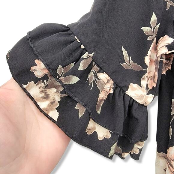 Leis Amis Black Floral Ruffle Sleeve Mini Dress‎ Size Small - Picture 7 of 10